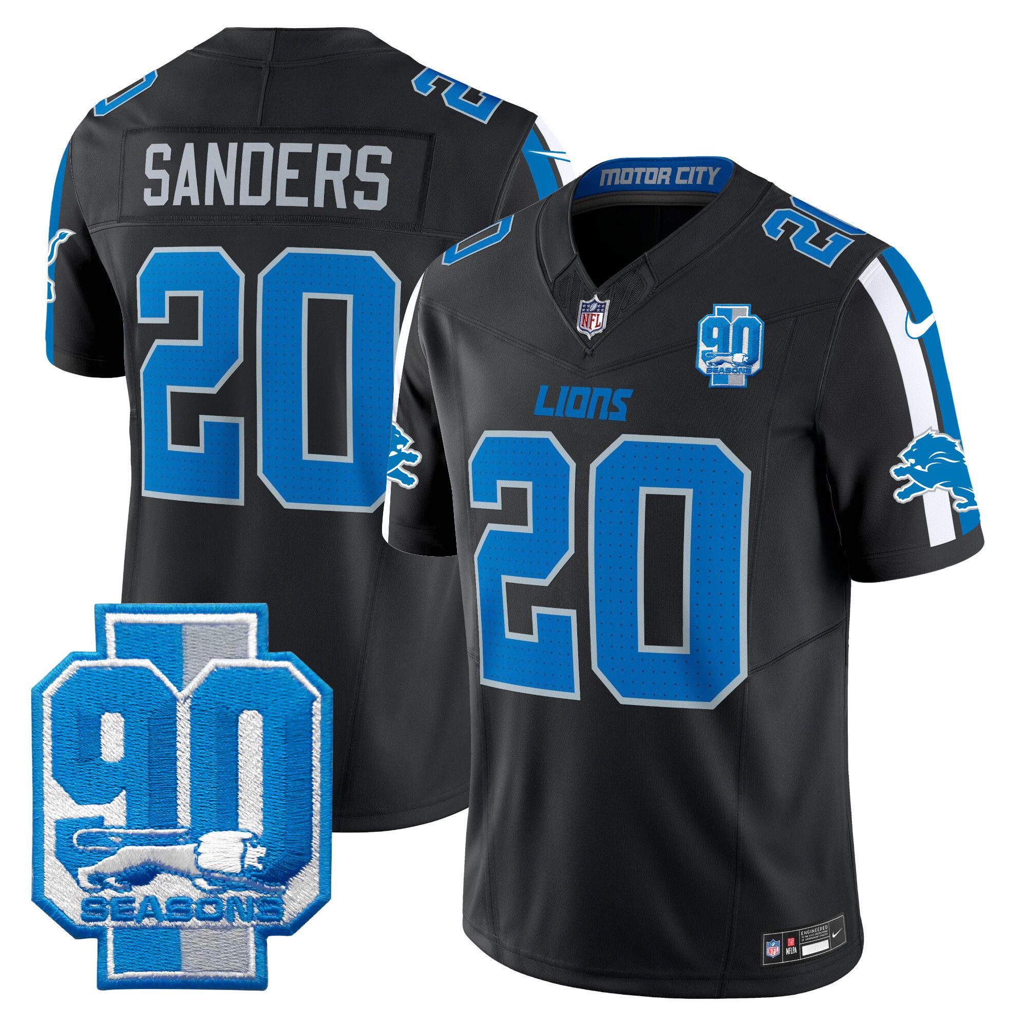 Men Detroit Lions #20 Sanders Black 2024 Nike 90th Year Patch Vapor Limited NFL Jersey